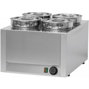 Bain-Marie à sauce 4 cuves - Puissance : 800 WDimensions ( L x ¨P x H ) :450 x  600 x  350 mmCapacité cuve : 4 x 4,5 litres