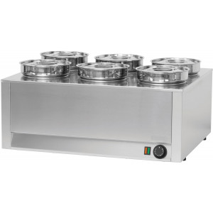 Bain-Marie à sauce 6 cuves - Capacité :6 x 4,5 L - Puissance : 1 200 W - Dim  : L.750 x P.600 x H.350 mm