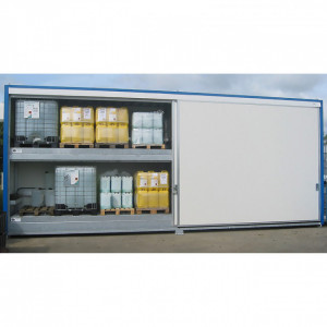 Conteneur pour stockage extérieur 8 m de long - 48 fûts ou 12 IBC - Rétention 6000 L - 2 niveaux de stockage - Conteneur de stockage 8 m - 2 grandes portes coulissantes (2 x 4 m) - Armoire 2 niveaux - Produits chimiques et dangereux