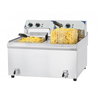 Friteuse 2 x 10 litres haut rendement - Capacité :  2 x 10 L - Puissance : 2 x 9 000 W / 400 V- Dimensions ( L x P x  H )  : 660 x 715 x 515 mm