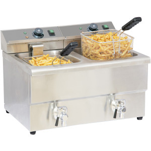 Friteuse professionnelle électrique vidange - Capacité : 2 x 8 L - Puissance : 2 x 3 250 W - Dim : L.580 x P.550 x H.410 mm