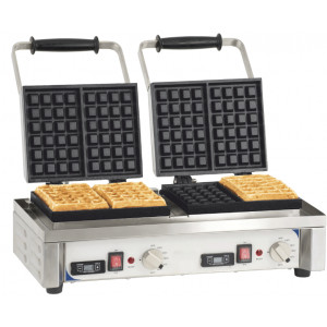 Gaufrier double ouverture 90° - Dim ( L x P x H ) :  566 x 415 x  290 mm- Puissance : 3 200 W- Fers en fonte d'acier 6x4