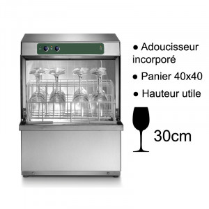 Lave-verre professionnel double paroi - Hauteur utile de lavage : 300 mm - Adoucisseur incorporé - Panier de 400 x 400 mm