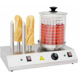 Machine à hot-dog professionnelle - Dimensions ( L x P x H )  : 500 x 285 x 390 mm- Puissance : 960W - Cylindre en verre Ø200mm