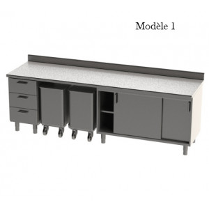 Meuble bas cuisine composé - Dim(L x l x H):2700 x 750 x 900 mm - Matière : Inox - Sur pieds ou roulettes