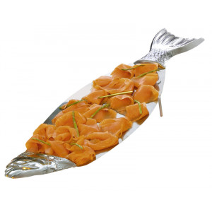 Plateau incliné en forme de poisson - Dimensions : 94 x 26 cm - Poids : 1.48 kg - Inox 18%